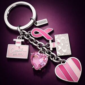 COACH Pink Breast Cancer Ribbon Crystal Multi Charm Keychain Fob Hang Tag